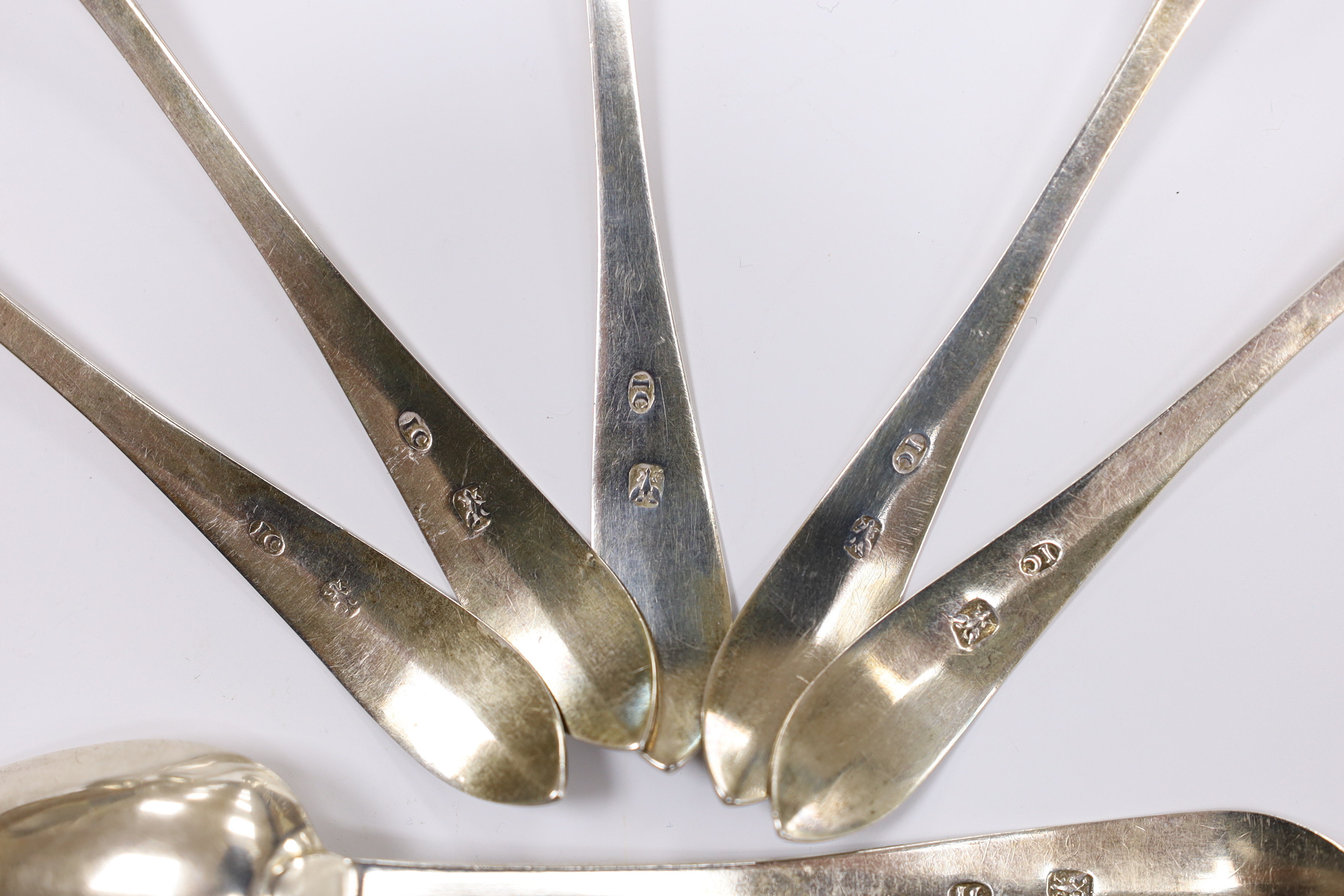 A set of six George III Scottish provincial silver bright cut engraved teaspoons by James Confute, Perth, c.1772-99, 13.6cm.
